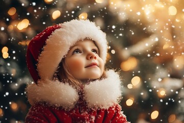 Wall Mural - Little girl stands against the backdrop of decorated Christmas tree. happy girl stands at Christmas tree decorated with bright decorations during holiday season, smiling sweetly,