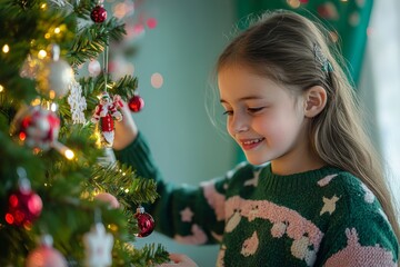 Wall Mural - Small child teenage girl decorates festive Christmas tree a bright ornaments with beautiful New Year's bauble. Young girl in a winter sweater on the background of a Xmas tree