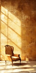 Poster - Vintage Chair  Against a  Grunge  Wall with Sunbeams  Shining Through  a Window