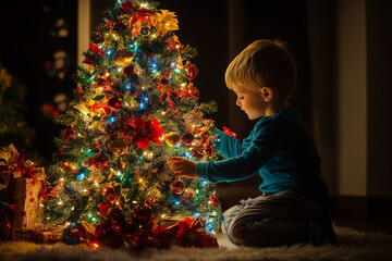 Wall Mural - Little boy stands against the backdrop of decorated Christmas tree. happy child stands at Christmas tree decorated with bright decorations during holiday season, smiling sweetly,