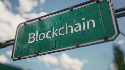 Aufkleber - Blockchain technology street sign set against a clear blue sky, representing the future of online finance and digital innovation