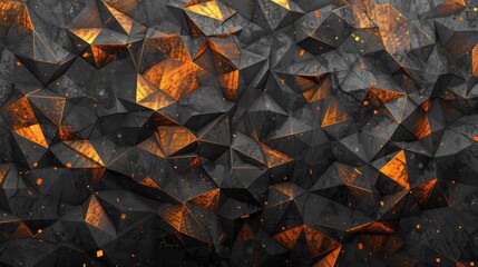 Poster - Black orange low-polygonal background in the form of polygons, lines, and dots. AI generative.
