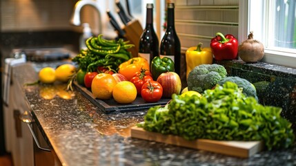 Fresh vegetables and fruits neatly arranged on a kitchen counter, ready for a healthy meal preparation.