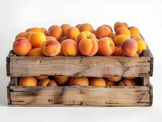 Wall Mural - Freshly harvested peaches arranged in a wooden crate