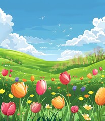 Wall Mural - Beautiful Spring Meadow with Colorful Tulips