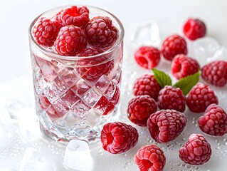 Poster - Fresh raspberries in a clear glass with ice cubes on a white background