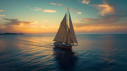 Wall Mural - A sailing vessel glides across calm waters at sunset near a distant shore