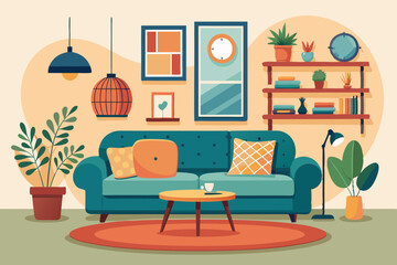 Wall Mural - Interior of a cozy living room with a sofa, pieces of furniture, accessories, paintings and a plant
