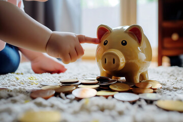 Wall Mural - Piggy bank being filled with coins by a child's hand, symbolizing saving and financial responsibility, set in a cozy home environment.