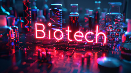 Poster - Biotech neon sign shining on a circuit board with laboratory equipment surrounding it