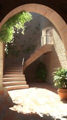 Wall Mural - Brick Courtyard with Archway and Staircase