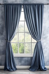 Wall Mural - Blue Linen Curtains Draped Over Window With White Trim