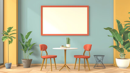 A minimalist dining area with two red chairs and a white table, set against a blue wall. A large framed artwork hangs above the table, and plants add pops of green to the space.