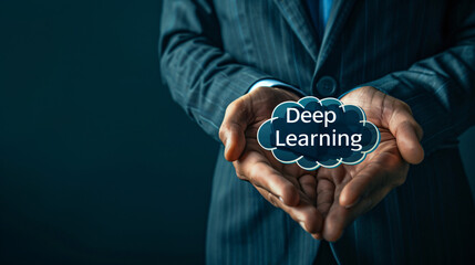 Fototapete - Businessman presenting deep learning concept in cloud computing, showcasing tech-business integration in digital age with focus on ai, machine learning, data analysis