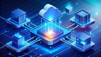 Wall Mural - Isometric cloud storage download service illustration Showcasing futuristic data transmission and network computing technologies, ideal for digital applications.