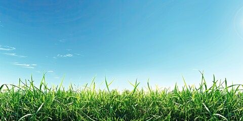 A vibrant green grass field under a clear blue sky with copy space image