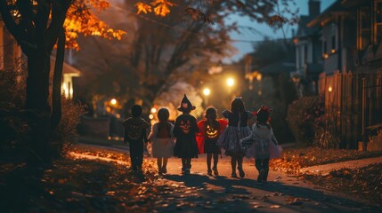 A group of children in costumes, walking down a spooky neighborhood street.