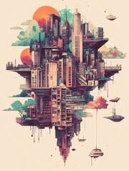 Poster - Gravity's Dream. A Surreal Cityscape Defying Reality