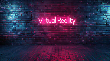 Aufkleber - Pink neon sign reading virtual reality is glowing on a brick wall in a dark room with a wooden floor