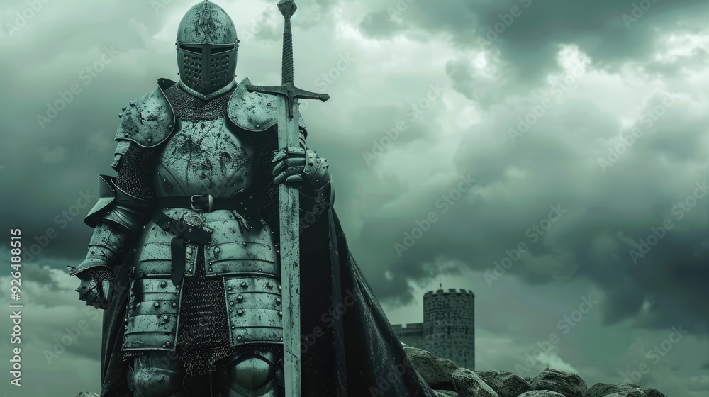 A medieval knight in metal armor holding a sword in his hand stands on ...