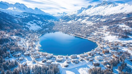 Wall Mural - Bird's-eye view of the picturesque Swiss town of St. Moritz, with its lake and surrounding snowy peaks.