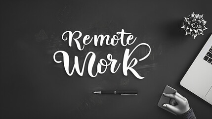 Poster - remote office worker using laptop and mouse in home office with remote work sign