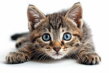 Poster - A kitten with blue eyes is laying on a white background. The kitten's eyes are open and staring at the camera. Concept of curiosity and playfulness, as the kitten seems to be interested in the viewer