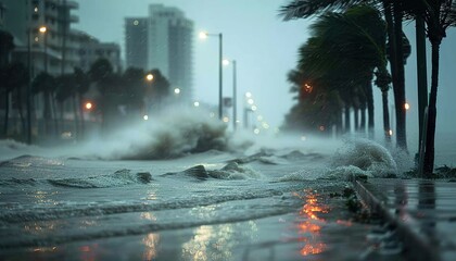 Wall Mural - A coastline engulfed by storm surges and heavy rainfall as a hurricane makes landfall 