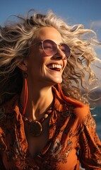 Poster - Middle aged woman enjoying sunny day on boat on a lake 