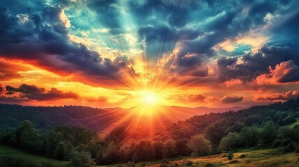 Wall Mural - Dramatic sunset with colorful clouds and beams of light breaking through, casting a magical glow over a forested landscape.