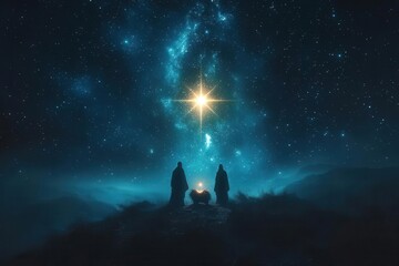 Wall Mural - celestial nativity scene radiant star of bethlehem illuminating night sky guiding silhouetted travelers mystical ethereal christmas story illustration