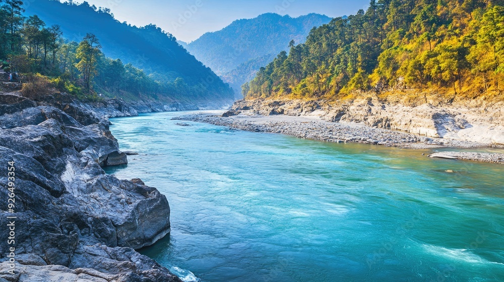 Ganges River in the foothills of the Himalayas, with clear blue water ...