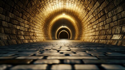 Wall Mural - A tunnel made of stone with a light shining down on it. The tunnel is long and narrow, and the light is coming from the top. Scene is mysterious and eerie, as the tunnel seems to go on forever