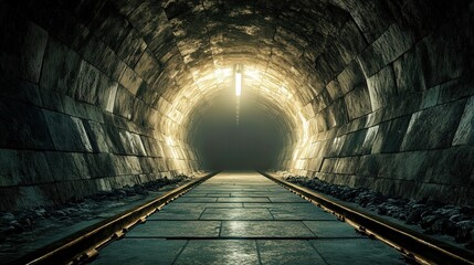 Wall Mural - A dark tunnel with a light shining down on it. The tunnel is long and narrow, with a train track running through it. The light creates a sense of mystery and intrigue