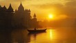 © P.G - Sunset over the Ganges River, with the golden light reflecting on the water and distant silhouettes of temples.