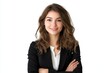 © Aekkachai - Confident businesswoman in a black suit with arms crossed, smiling and looking at the camera, isolated on a white background.