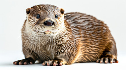 A brown otter is sitting on a white background. The otter has a wet coat and is looking at the camera