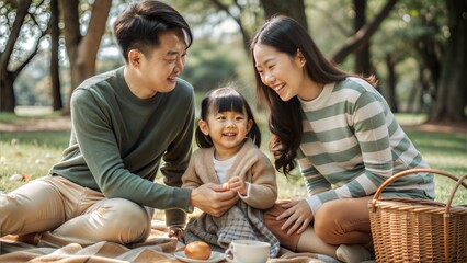 Poster - young asian family in the park.