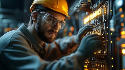 Poster - 3D Rendered Engineer Troubleshooting Electrical Circuits for Industrial Maintenance