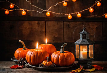 Wall Mural - Beautiful orange pumpkins, burning candles and a vintage lantern on a wooden background