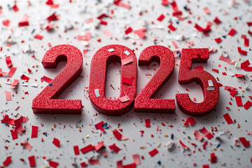 Number 2025 red on isolated white happy new year background and confetti