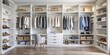 © Vibrant Visions Pixe - Organized minimalist wardrobe space with white shelves and hanging clothing, minimalist, wardrobe, organization, clean