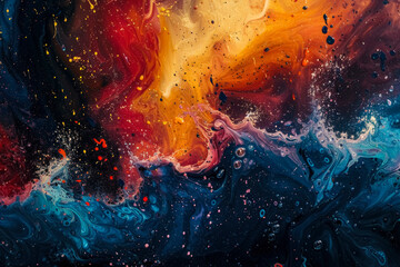Poster - A vibrant abstract painting featuring swirling patterns of orange, yellow, purple, and black. The colors blend and clash, creating dynamic movement and depth with splashes 