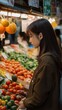 © A Denny Syahputra - A woman browses colorful produce at a market, selecting fresh fruits and vegetables