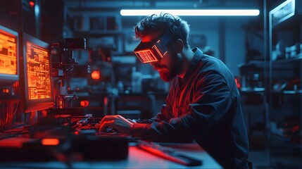 Wall Mural - Engineer Setting Up Hardware for Technical Testing in Workspace