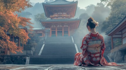 Wall Mural - Traditional Japanese temple with a woman in kimono sitting on the steps in serene mist.