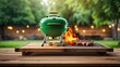 © Adnan - BBq grill in the back yard background with empty wooden table. picnic, empty, grill, bar-b-q, sparkle, yard, illustration, design, green, nobody, back, desk, display, edge, fire, flames, floor, furnit