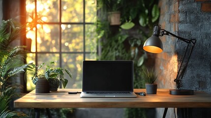 A serene home office setup featuring a laptop on a wooden desk, surrounded by indoor plants and warm natural light from a nearby window.