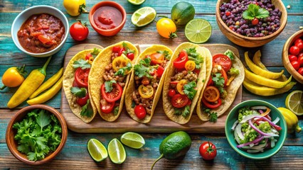 A vibrant taco bar with an assortment of fresh toppings , Mexican, cuisine, food, restaurant, delicious, tortilla, spicy