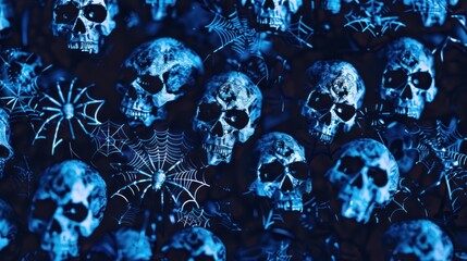 Wall Mural - A blue and black pattern of Halloween symbols like skulls and spiders.